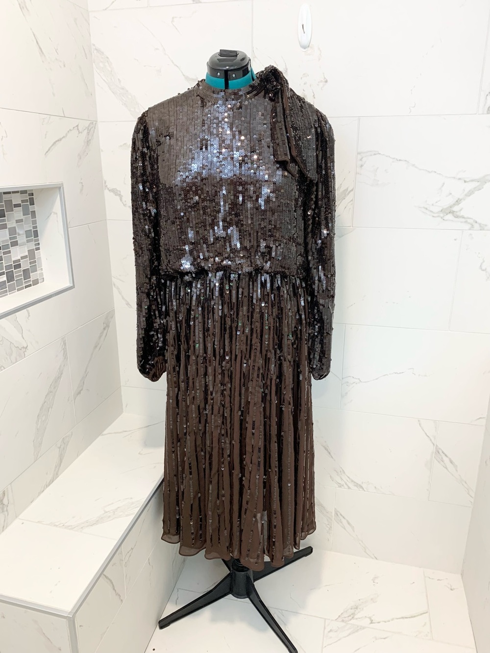NWT Mac Duggal Sequin Long Sleeve Midi Dress in Dark Brown 16 NWT - Picture 16 of 16